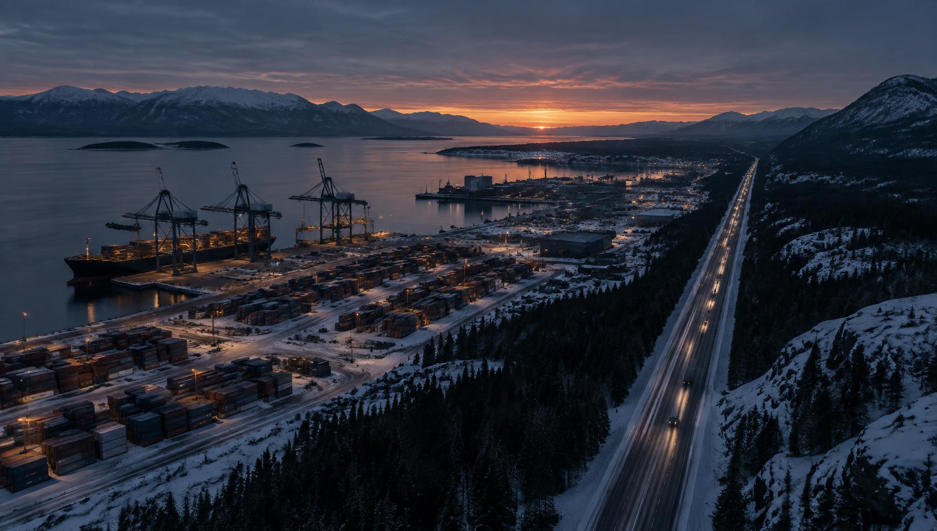Aerial view at dusk of a Canadian cargo port and highway crossing a snow-dusted northern landscape.